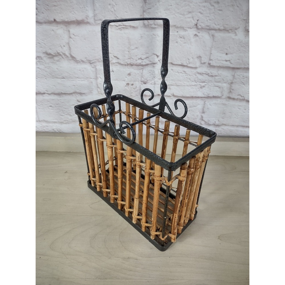 Vintage Metal and Bamboo Wine Caddy Carrier Home Decor Retro Cottagecore 12x8x4